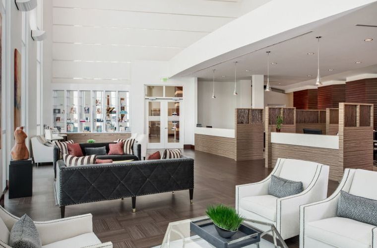 Modern hotel lobby with stylish seating area.